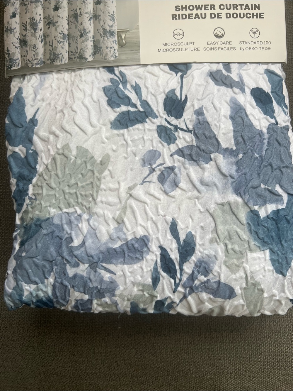 DKNY Floral Silhouette Microsculpt Fabric Shower Curtain White Blue Grey 72